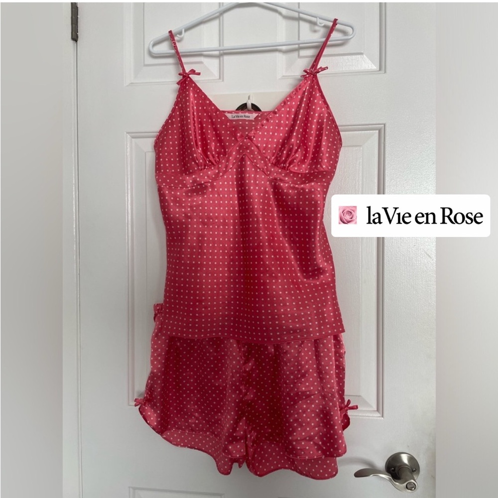 La Vie en Rose Satin PJ set - Pink with white polka dots - top med, shorts large